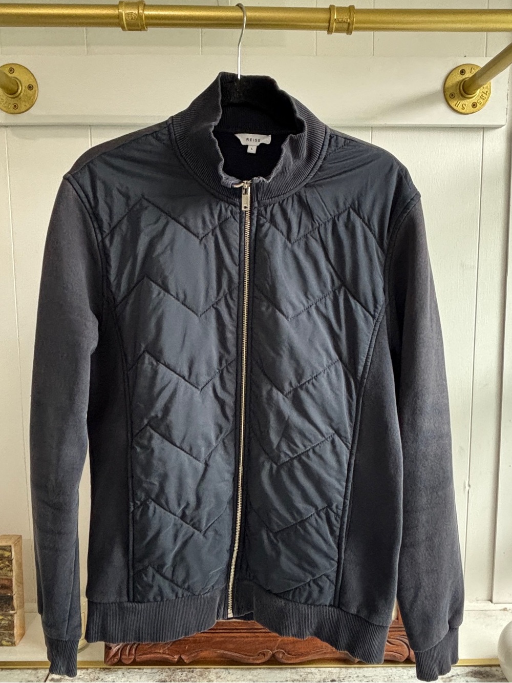 Reiss Navy Quilted Front Zip Sweater Jacket